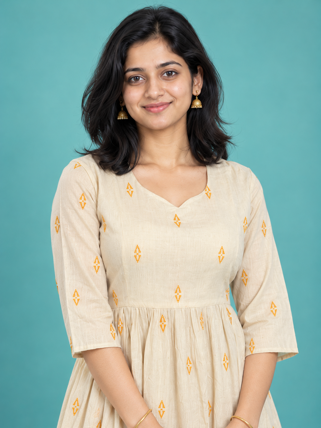 Cream Yellow Butti Handloom Cotton Frock with Half Lining | Ready to Wear