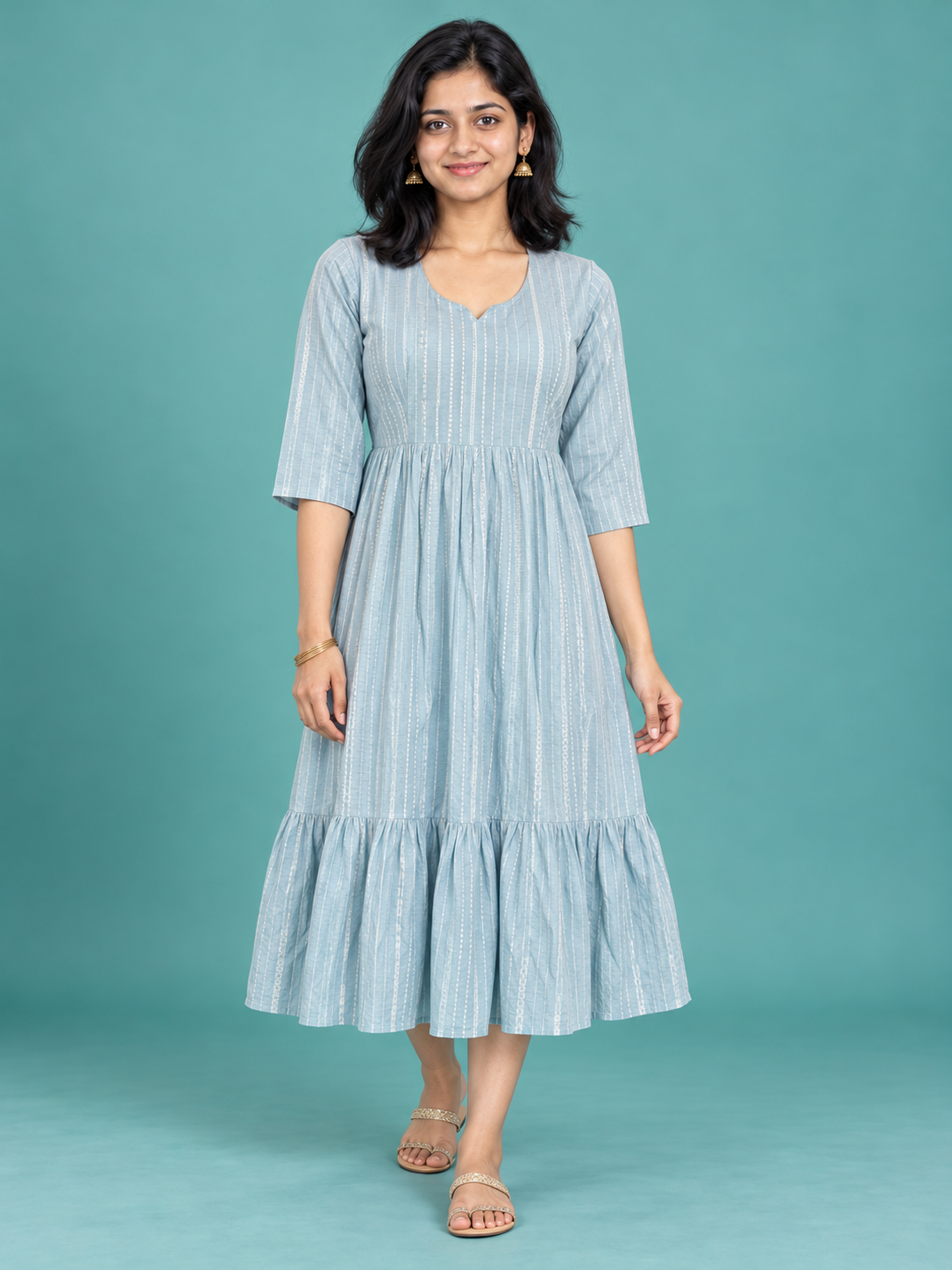 Powder Blue Stripe Handloom Cotton Frock with Half Lining | Ready to Wear