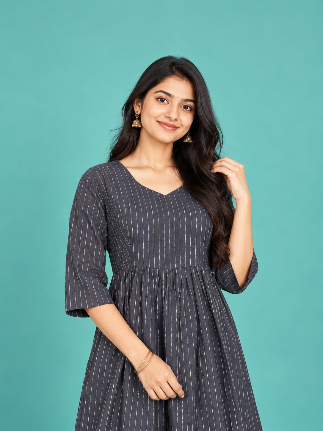 Charcoal Grey Pinstripe Handloom Cotton Frock with Half Lining | Ready to Wear