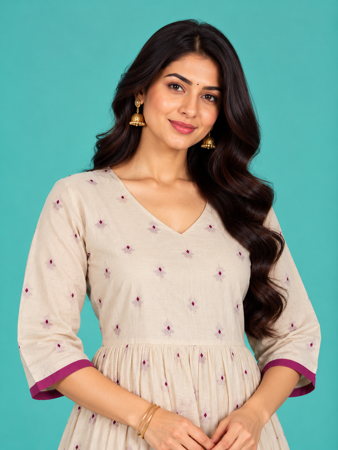 Off-White Pink Butti Handloom Cotton Frock with Half Lining | Ready to Wear