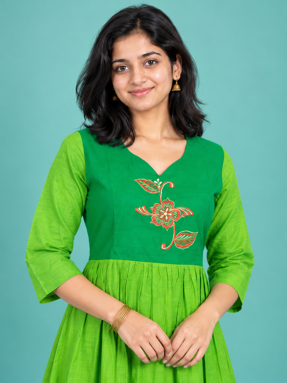 Green & Parrot Green Flower Embroidered Handloom Cotton Frock with Half Lining | Ready to Wear