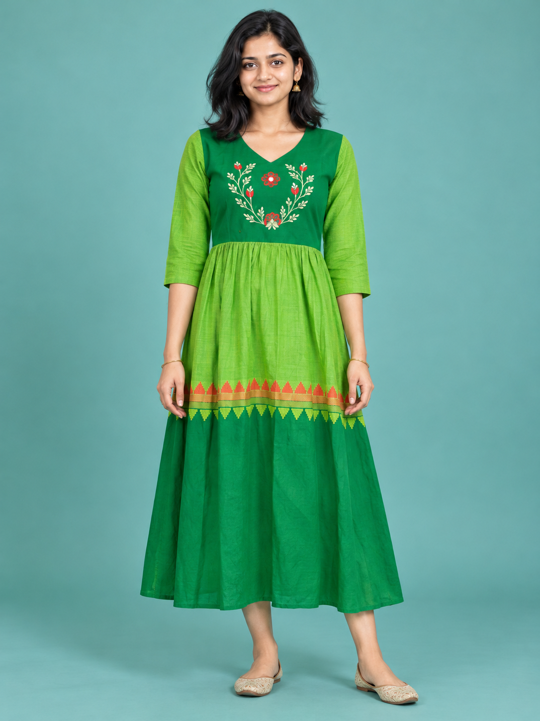 Green & Parrot Green Vine Embroidered Handloom Cotton Frock with Half Lining | Ready to Wear