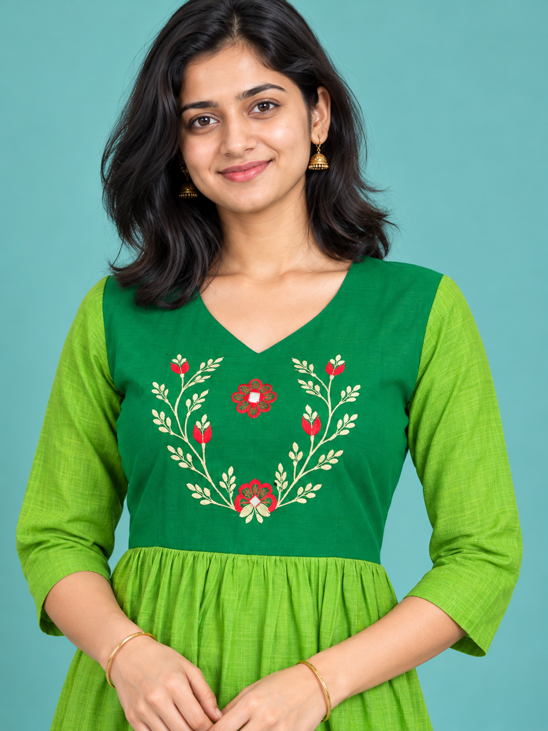 Green & Parrot Green Vine Embroidered Handloom Cotton Frock with Half Lining | Ready to Wear