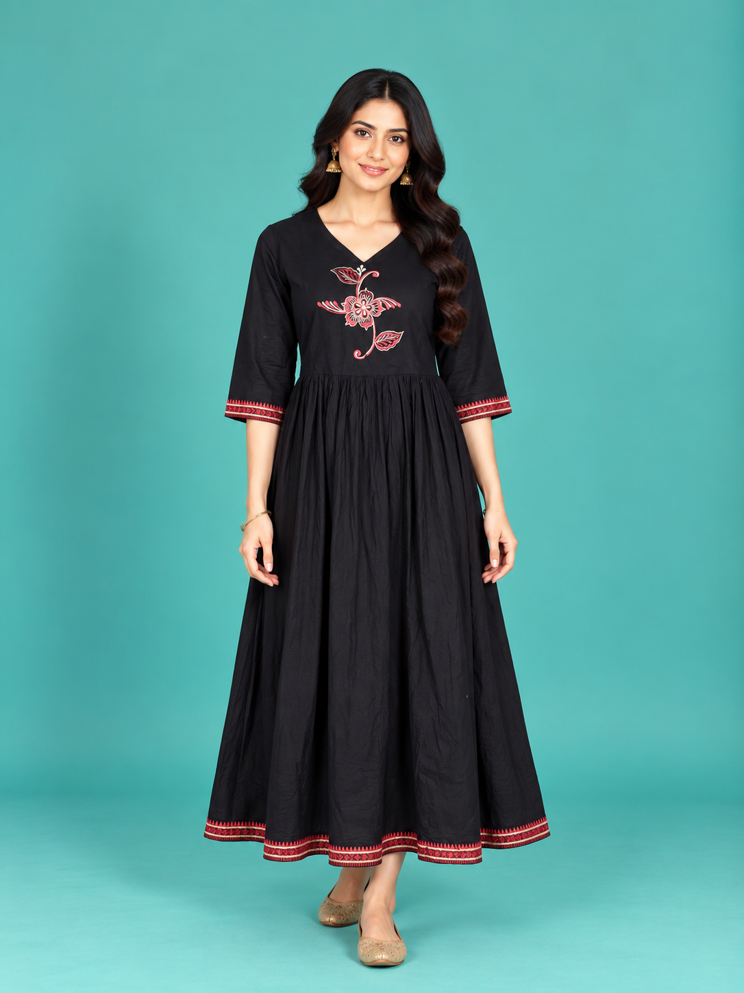 Black Floral Embroidered Handloom Cotton Frock with Half Lining | Ready to Wear