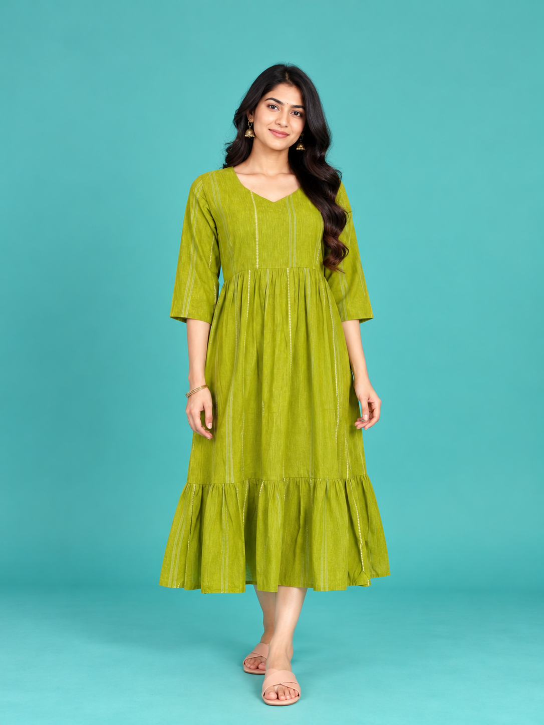 Olive Green Stripe Handloom Cotton Frock with Half Lining | Ready to Wear