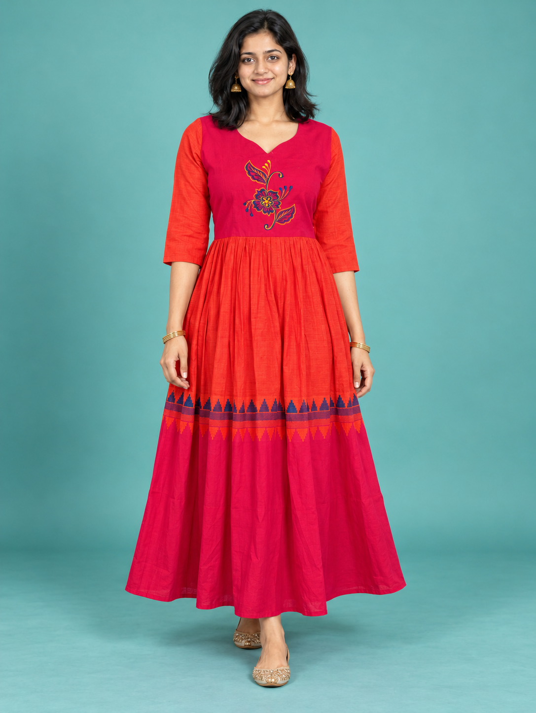 Pink & Red Embroidered Handloom Cotton Frock with Half Lining | Ready to Wear