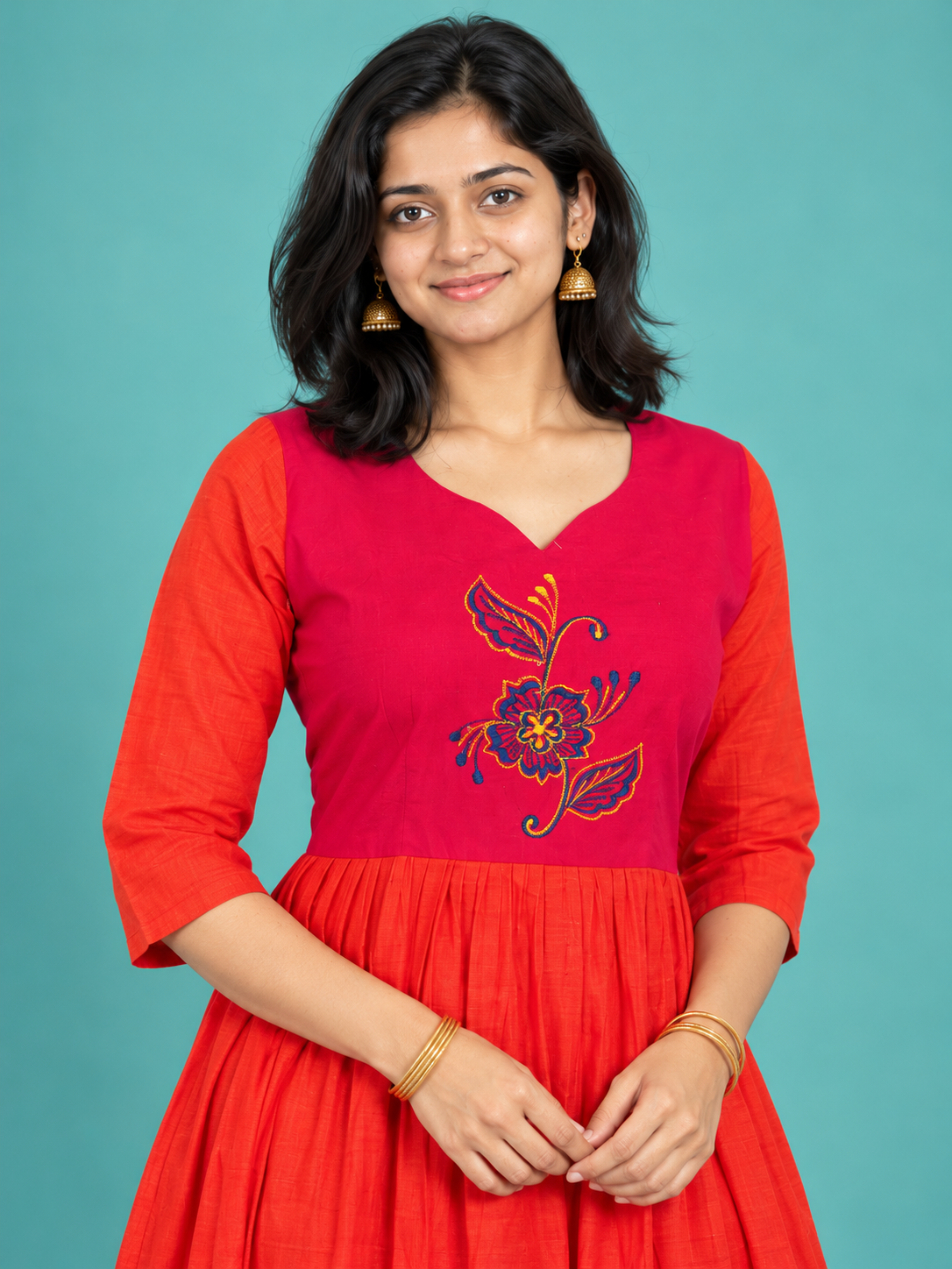Pink & Red Embroidered Handloom Cotton Frock with Half Lining | Ready to Wear