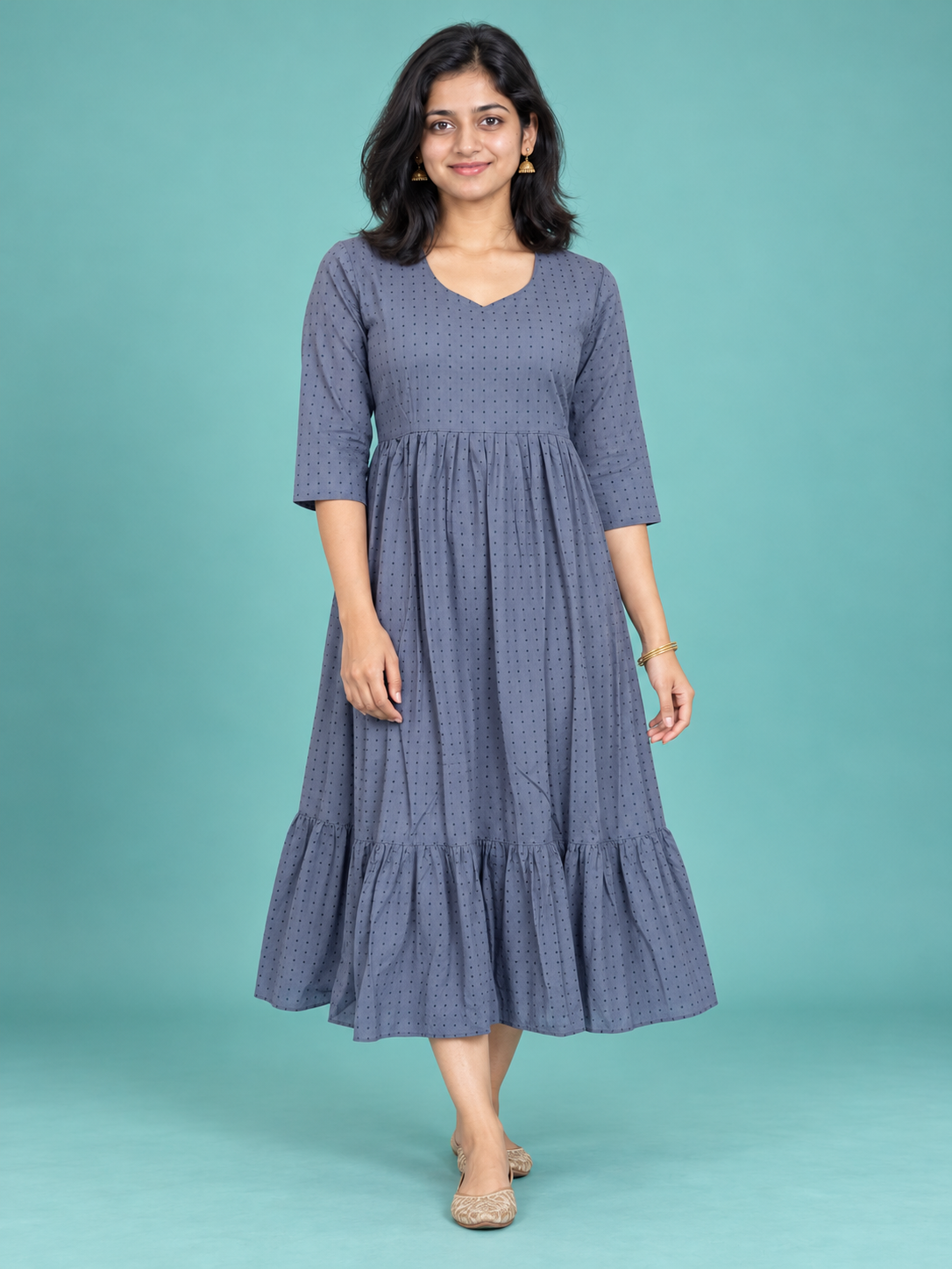 Slate Blue Dot Weave Handloom Cotton Frock with Half Lining | Ready to Wear – photo 1