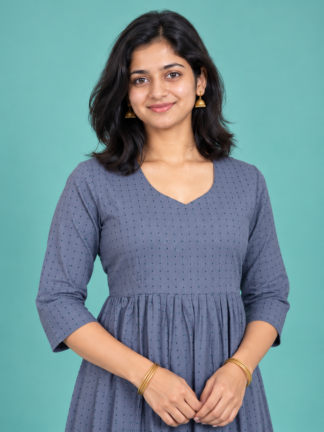 Slate Blue Dot Weave Handloom Cotton Frock with Half Lining | Ready to Wear – photo 2