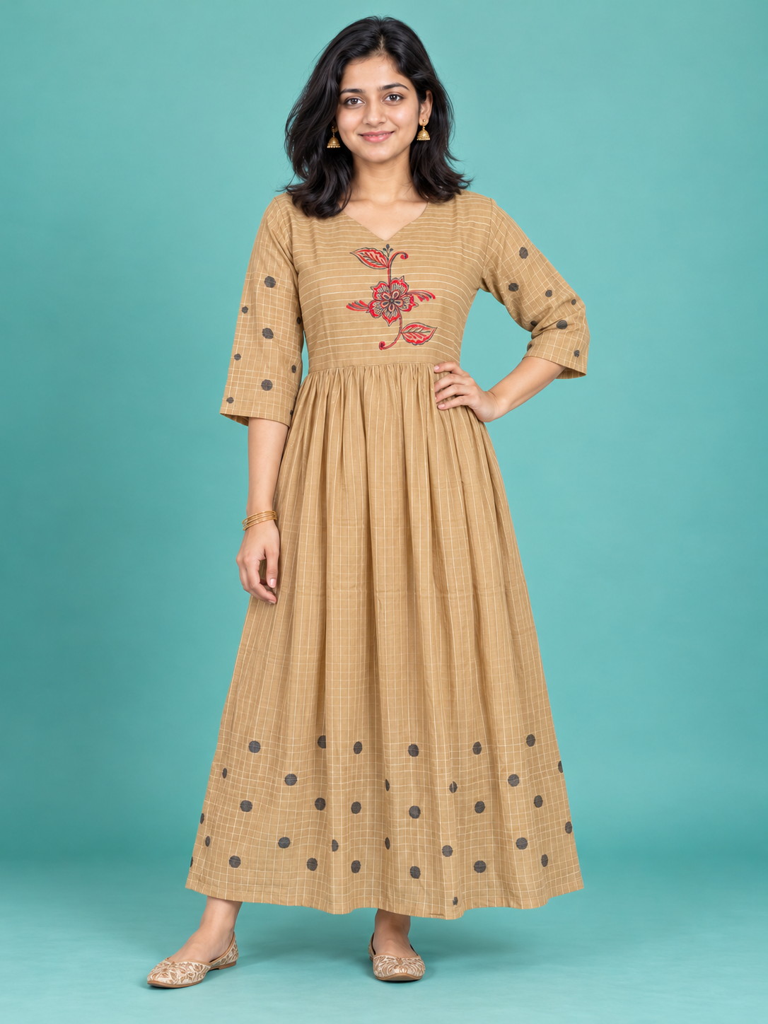 Camel Beige Floral Embroidered Handloom Cotton Frock with Half Lining | Ready to Wear – photo 1