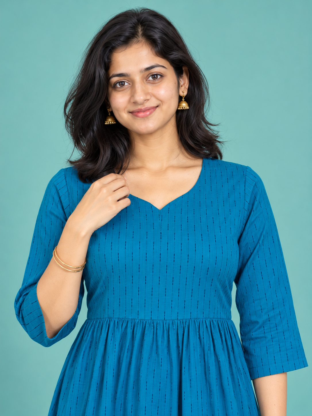 Peacock Blue Stripe Handloom Cotton Frock with Half Lining | Ready to Wear – photo 2