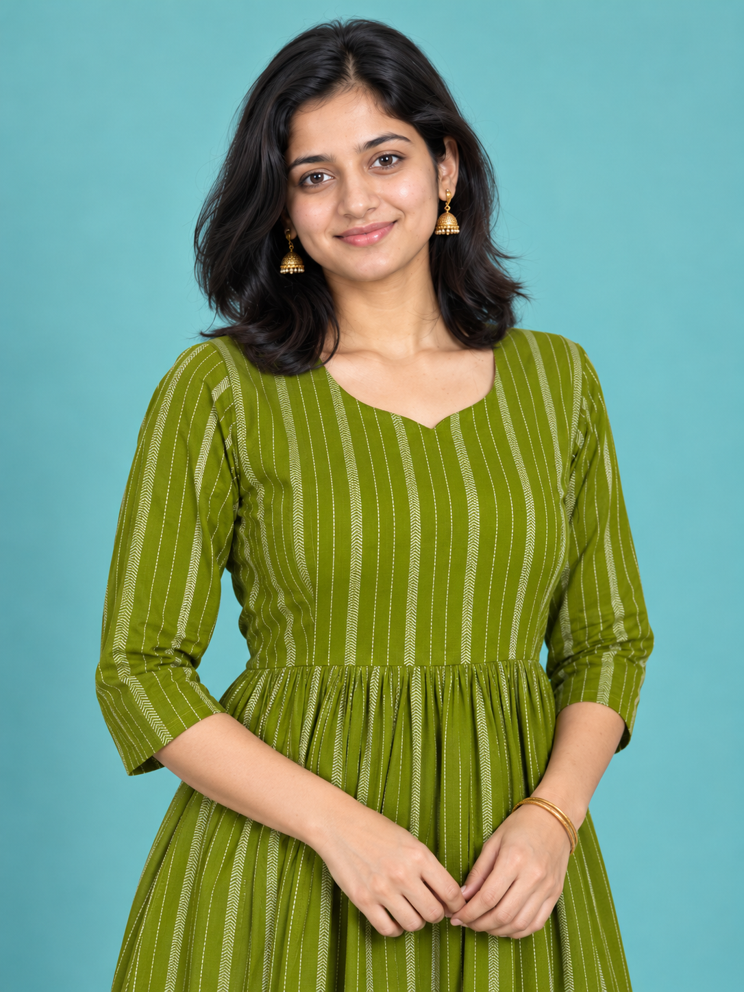 Moss Green Woven Stripe Handloom Cotton Frock with Half Lining | Ready to Wear – photo 2