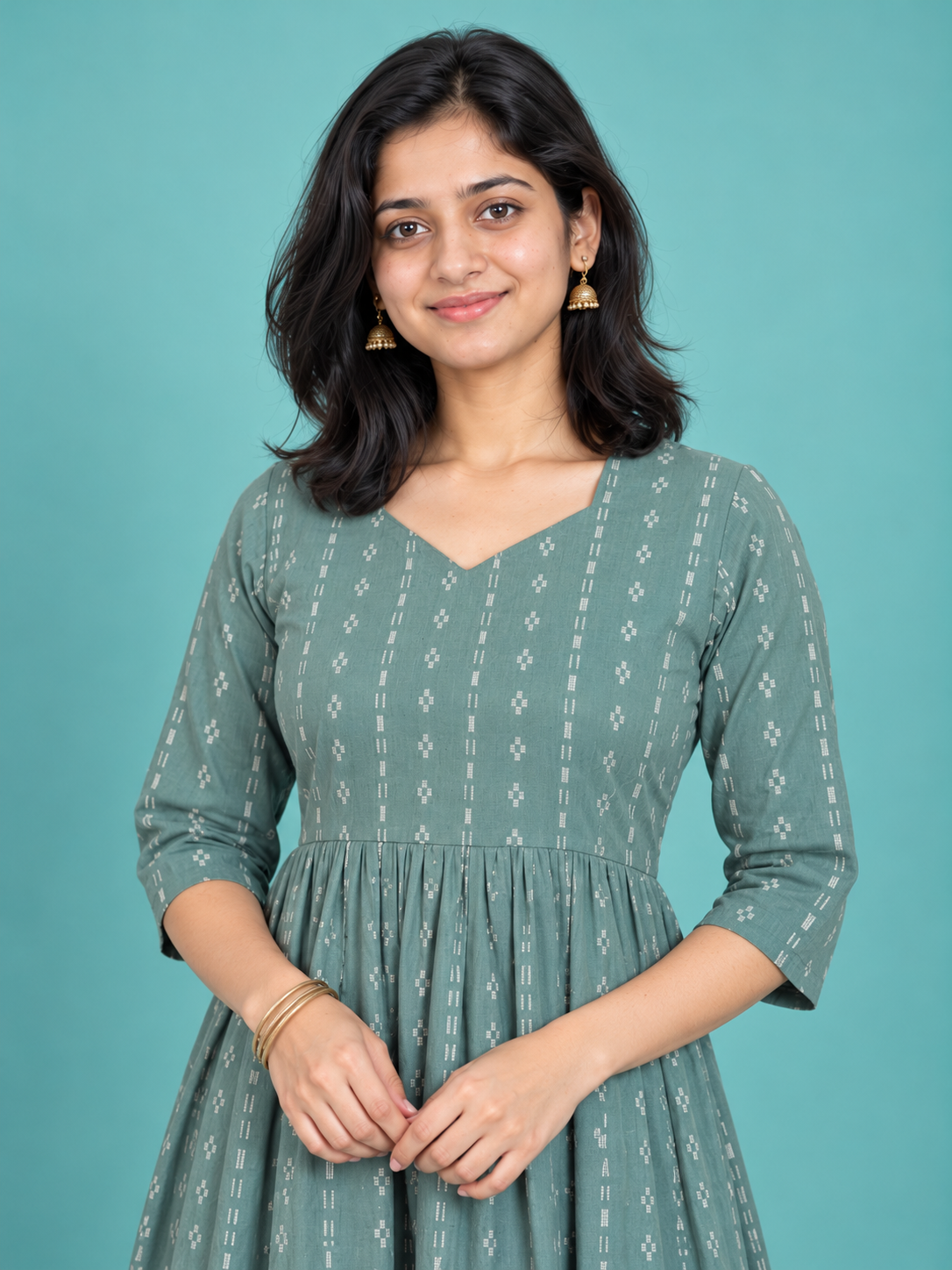 Sage Green Butti Handloom Cotton Frock with Half Lining | Ready to Wear – photo 2