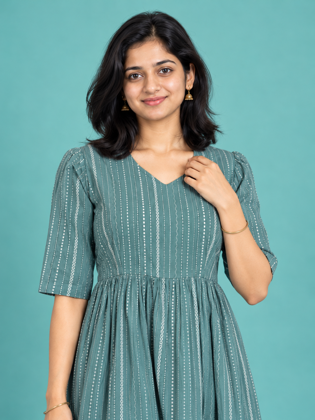 Sage Green Pinstripe Handloom Cotton Frock with Half Lining | Ready to Wear – photo 2