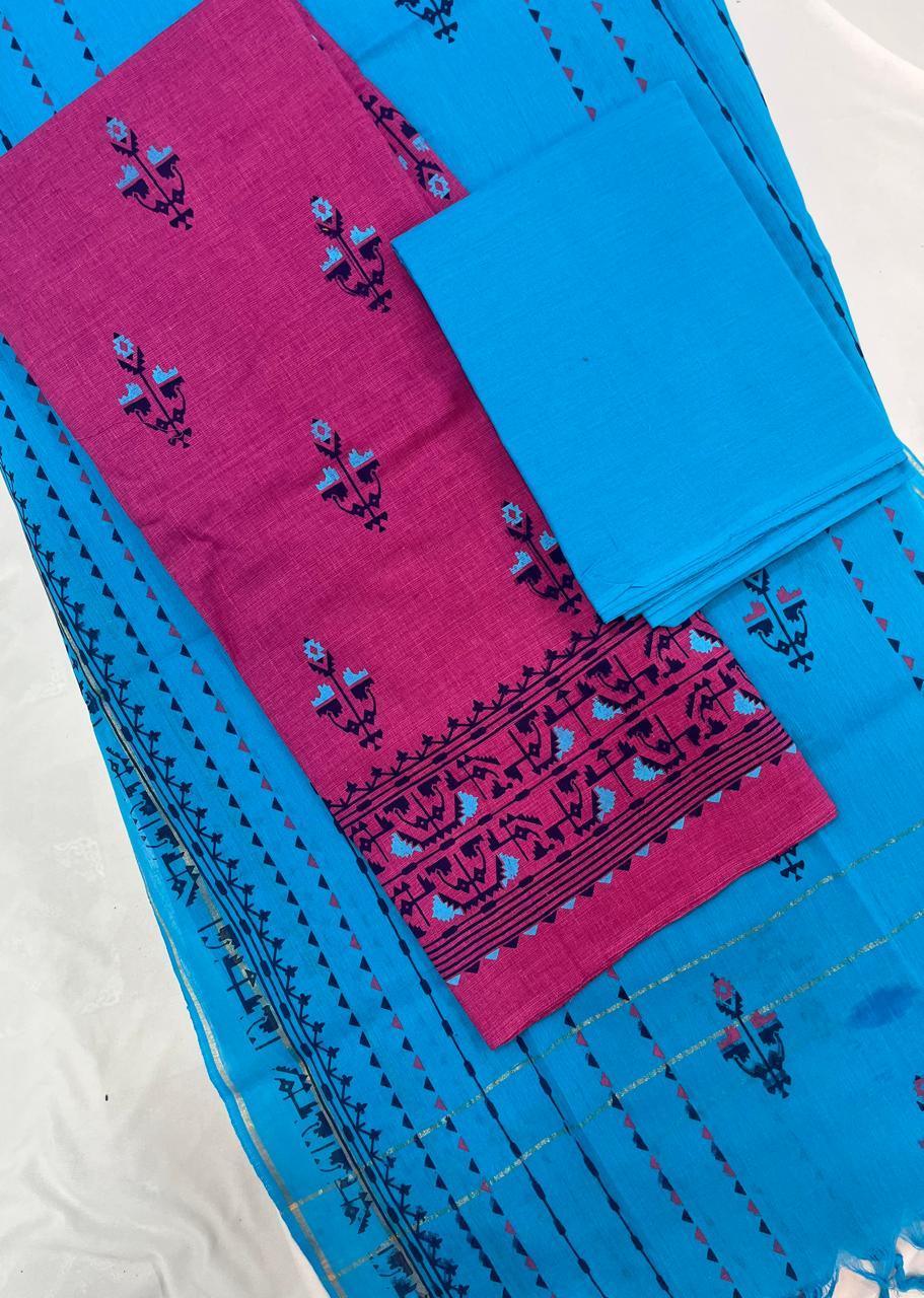 Cotton Dress Material with Blue Chunni