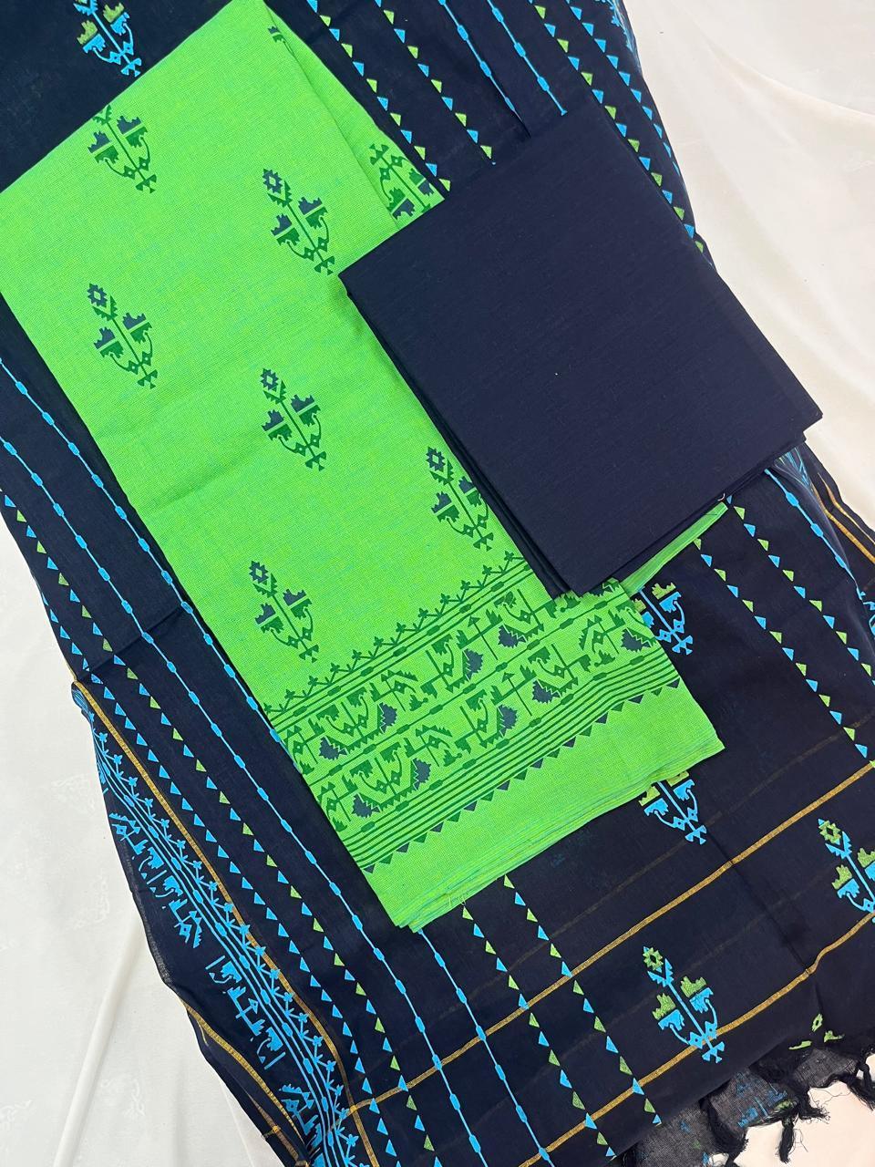 Cotton Dress Material with Navy Blue Chunni