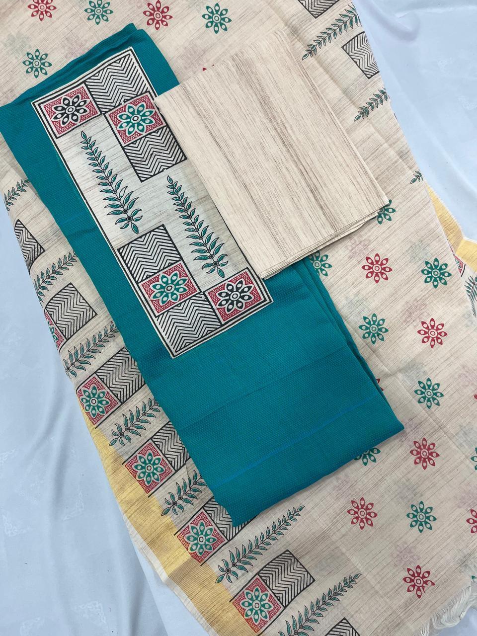 Cotton Dress Material with Sea Blue Color