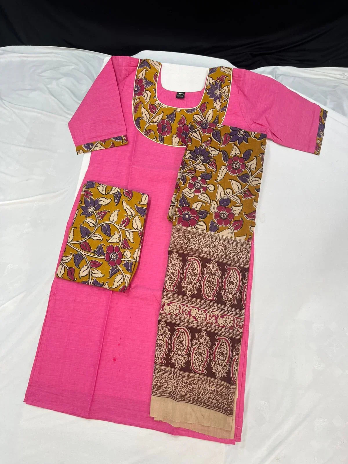 Kalamkari Cotton Readymade Straightcut Kurti Set with Rosy Pink Colour