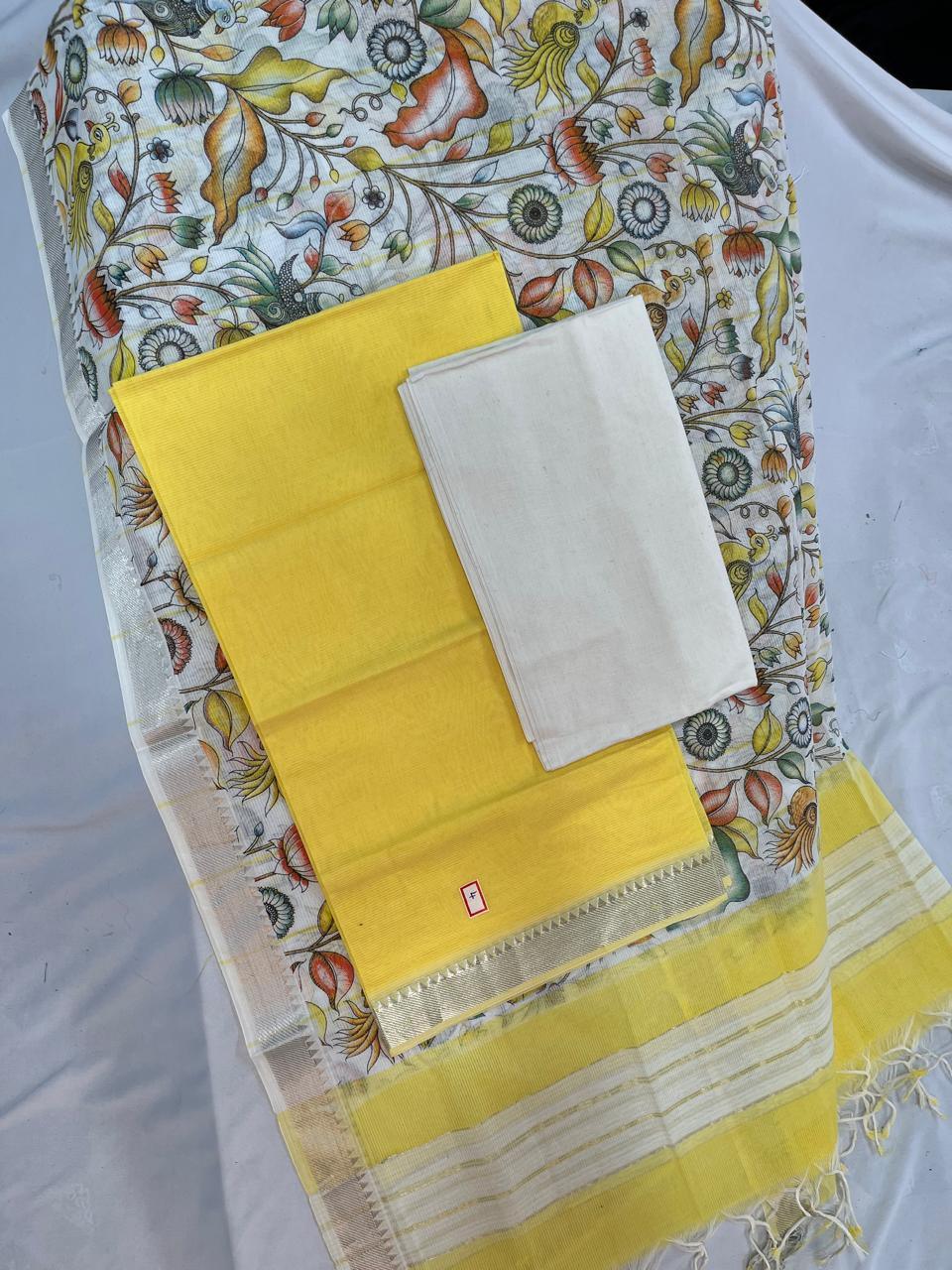 Mangalagiri Cotton Dress Material with Cream Chunni with Yellow Colour