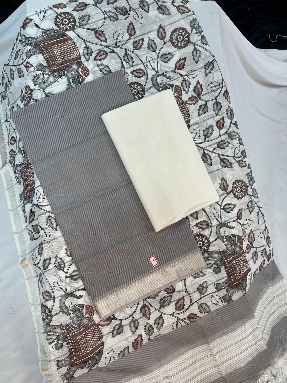 Mangalagiri Cotton Dress Material with White Chunni with Grey Colour