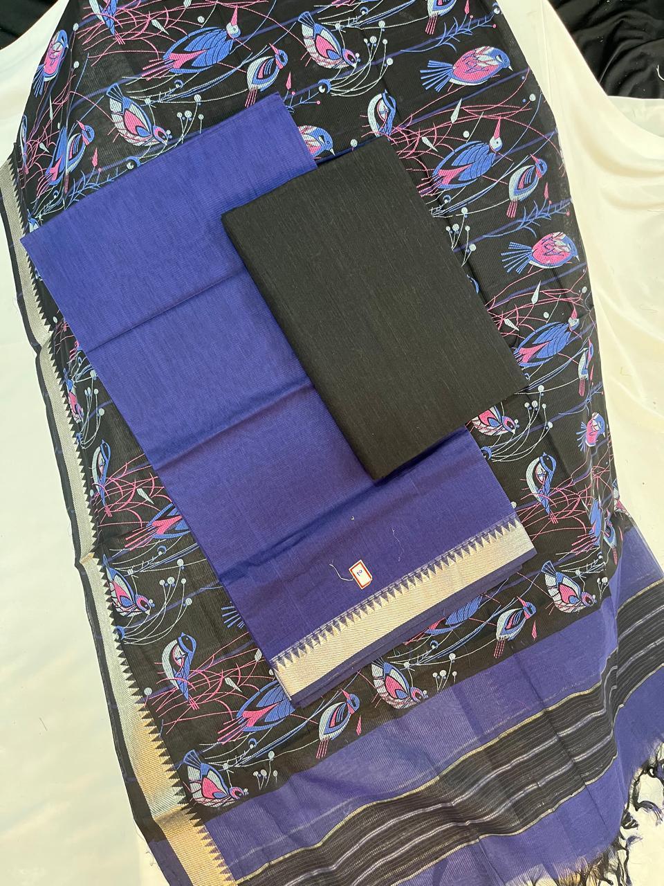Mangalagiri Cotton Dress Material with Black Chunni with Violet Colour