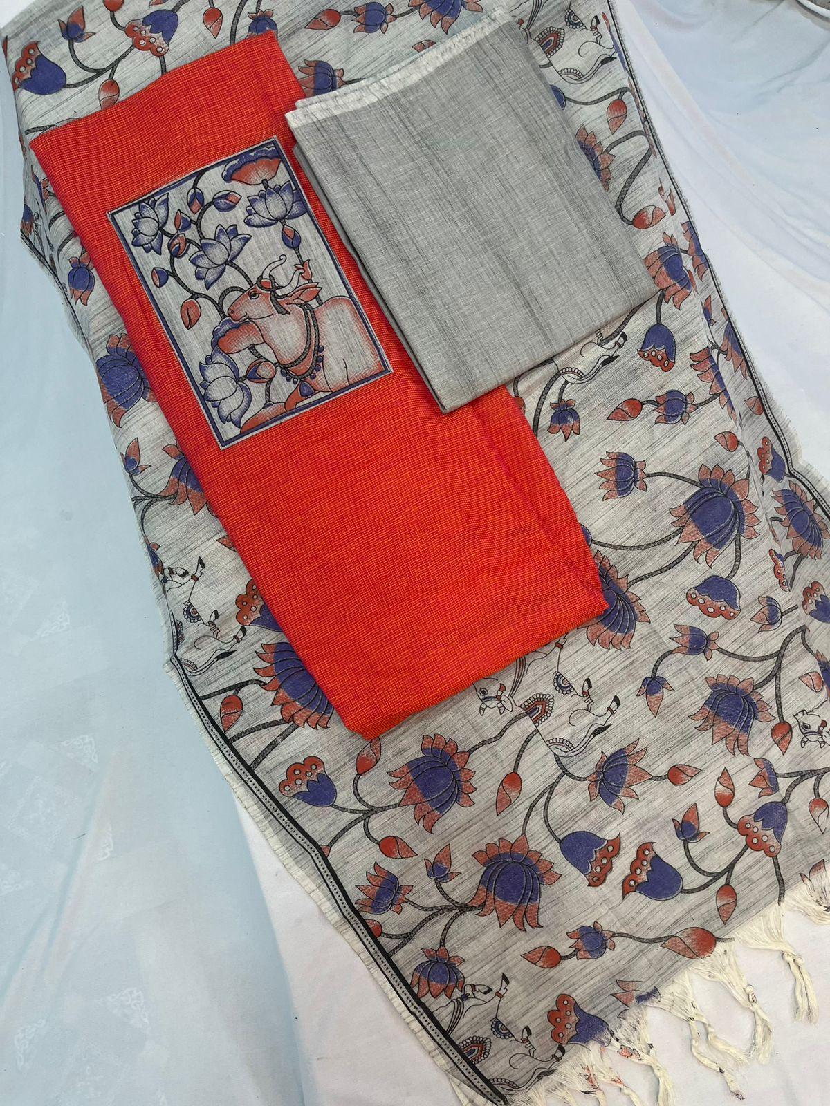 Cotton Dress Material with Kalamkari Chunni with Orange Color