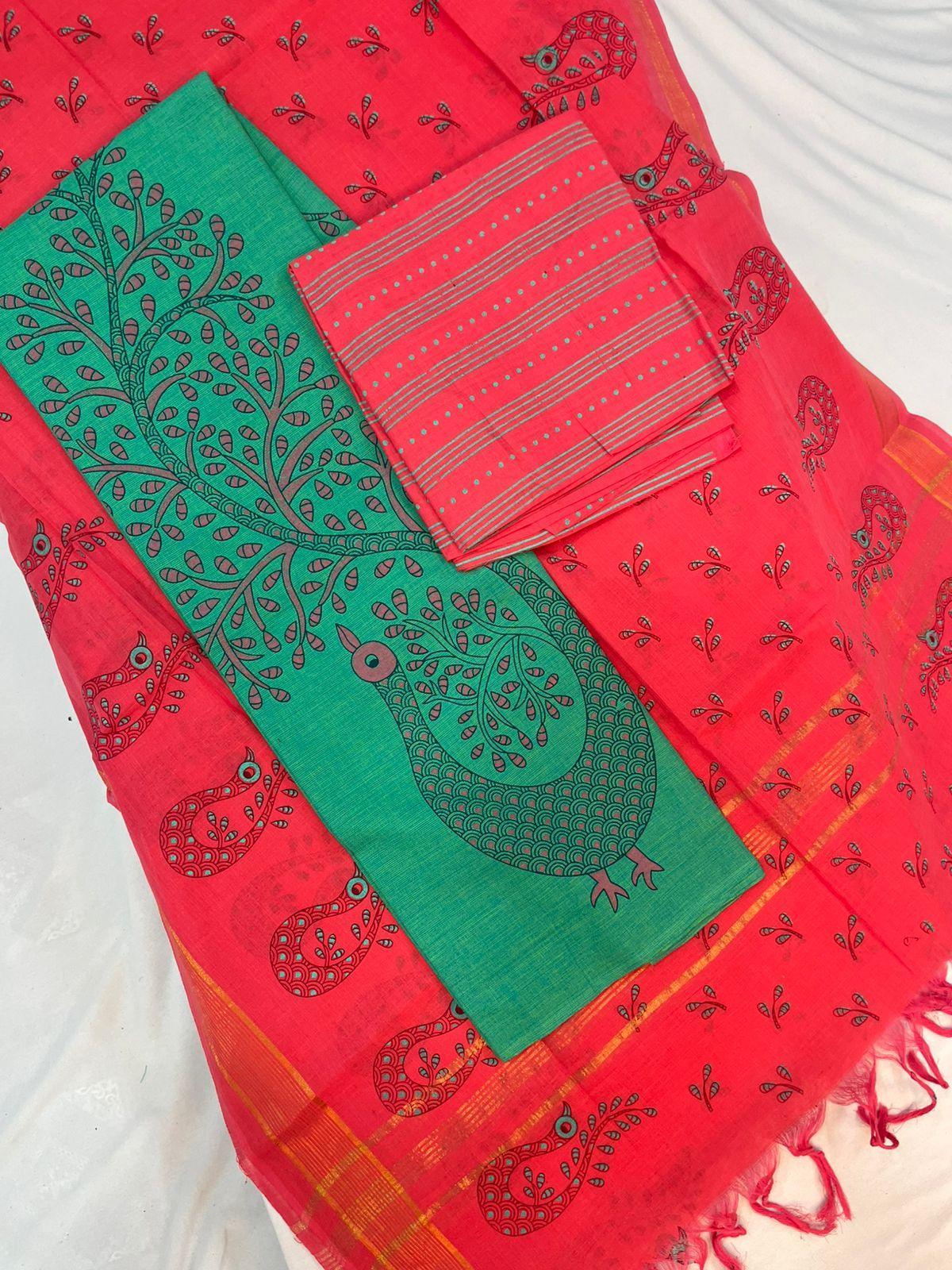 Cotton Dress Material with Red Chunni with Green Color