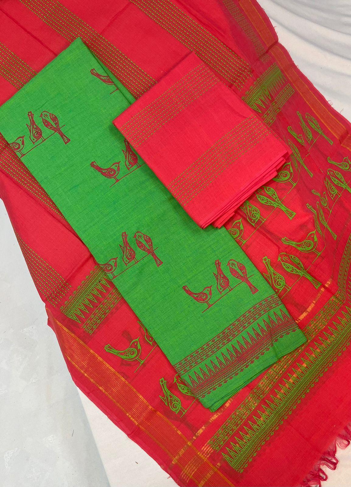 Cotton Dress Material with Red Chunni with Parrot Green Color