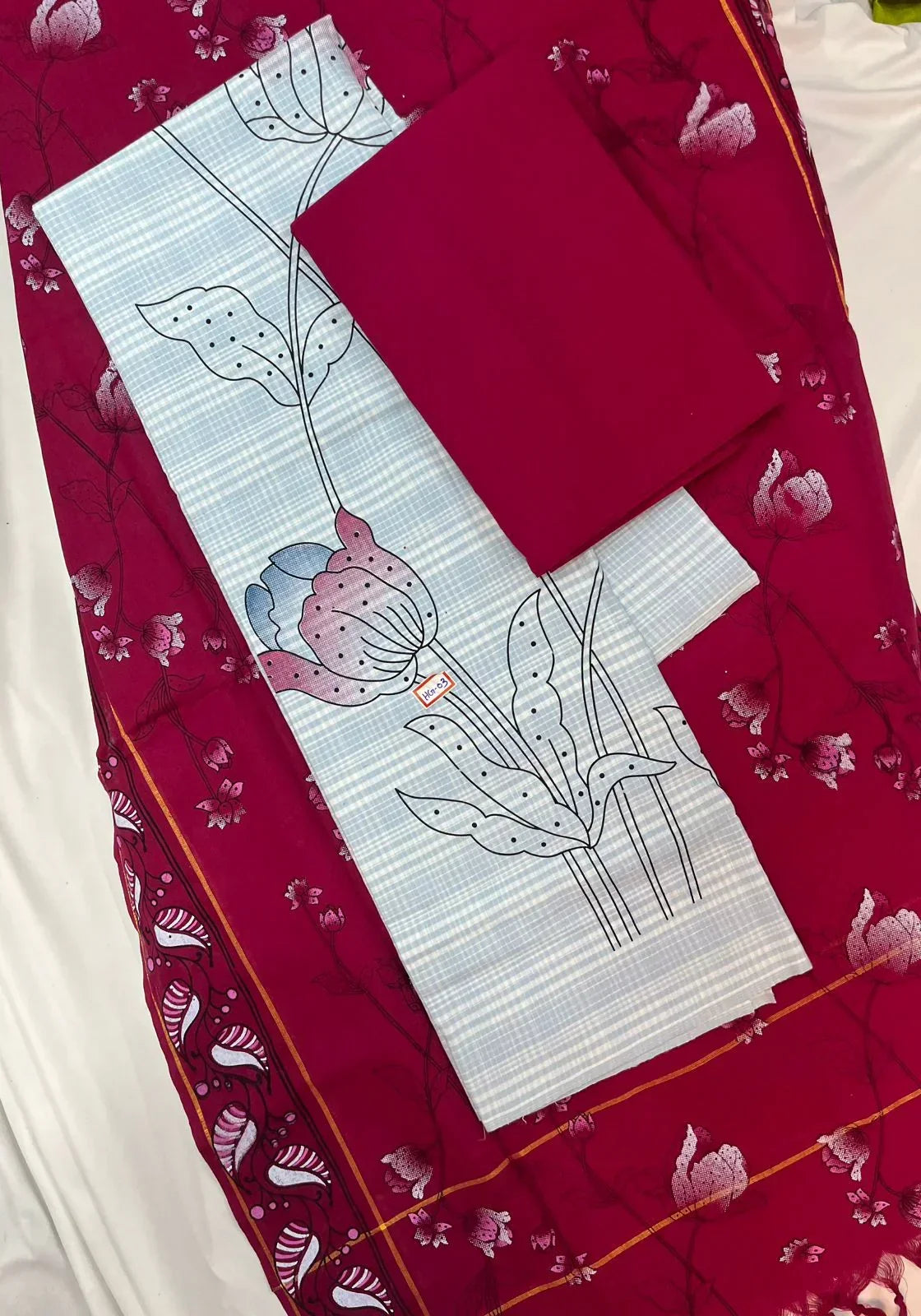 Cotton Dress Material with Wine Red Chunni with Grey Color
