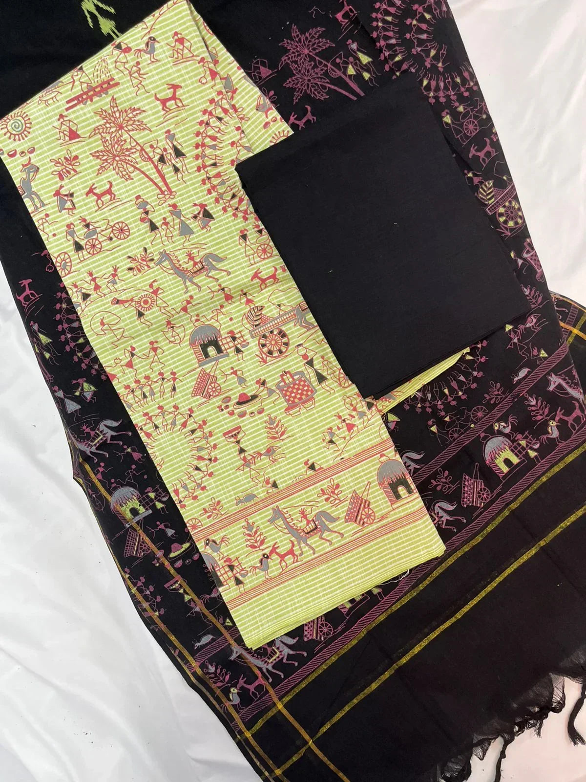 Cotton Dress Material with Black Chunni with Beasen Color