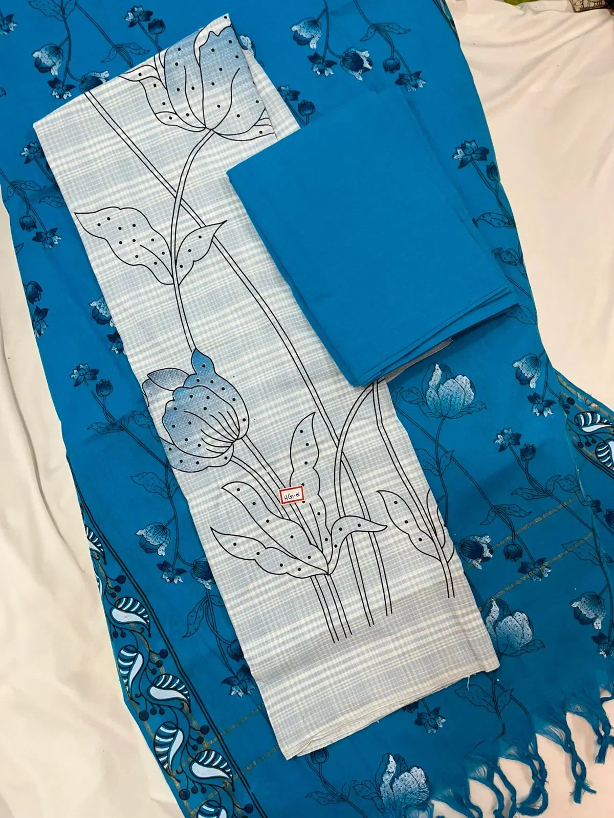 Cotton Dress Material with Blue Chunni with Grey Color