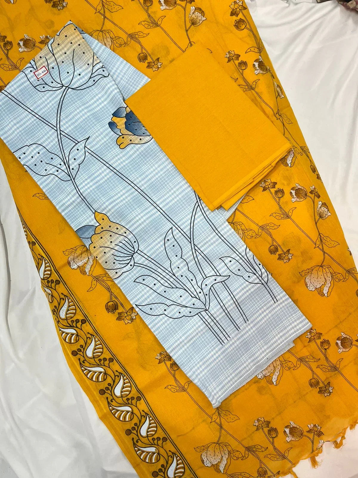 Cotton Dress Material with Yellow Chunni with Grey Colour
