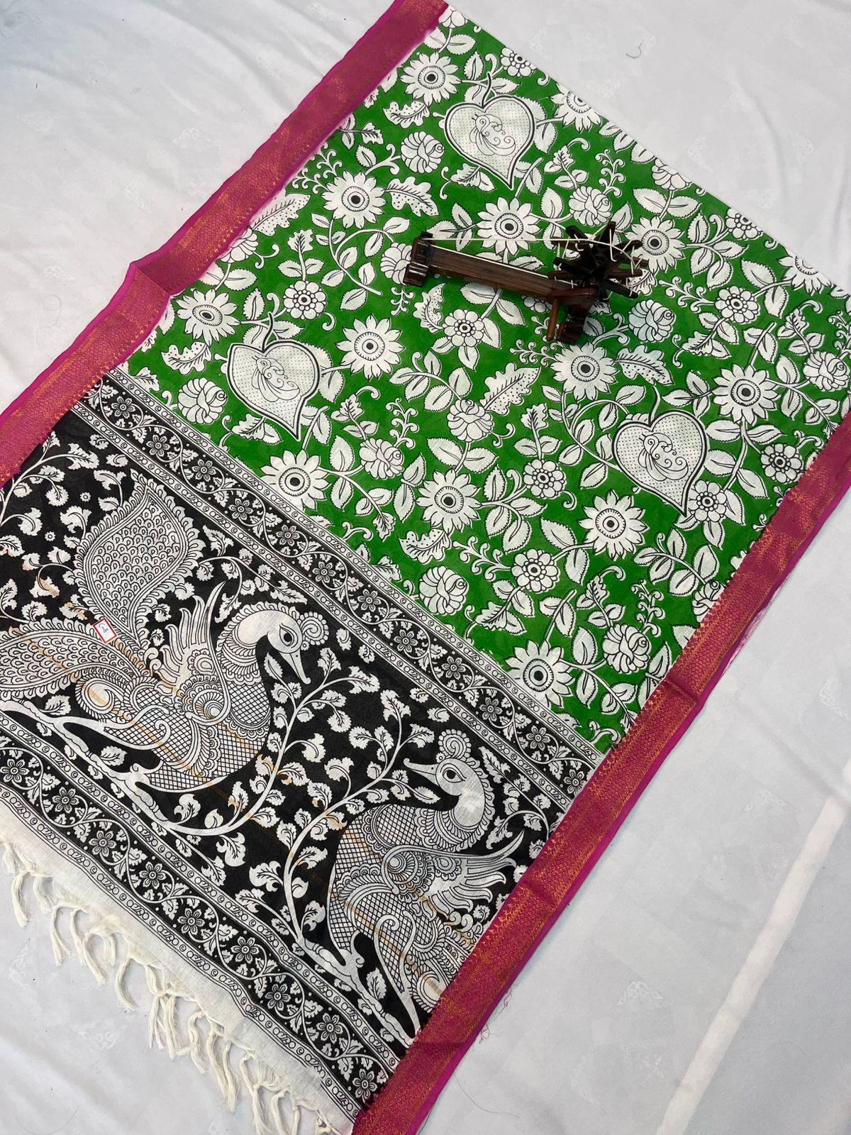 Mangalagiri Kalmkari Dupatts Cotton Fabric Green Colour