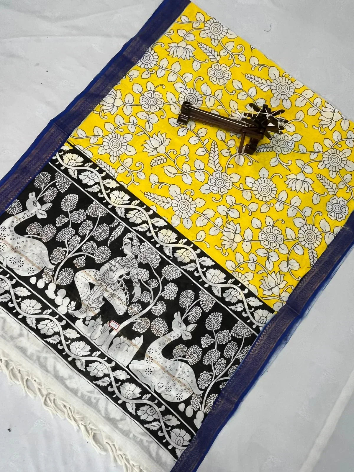 Mangalagiri Kalmkari Dupatts Cotton Fabric Yellow Colour