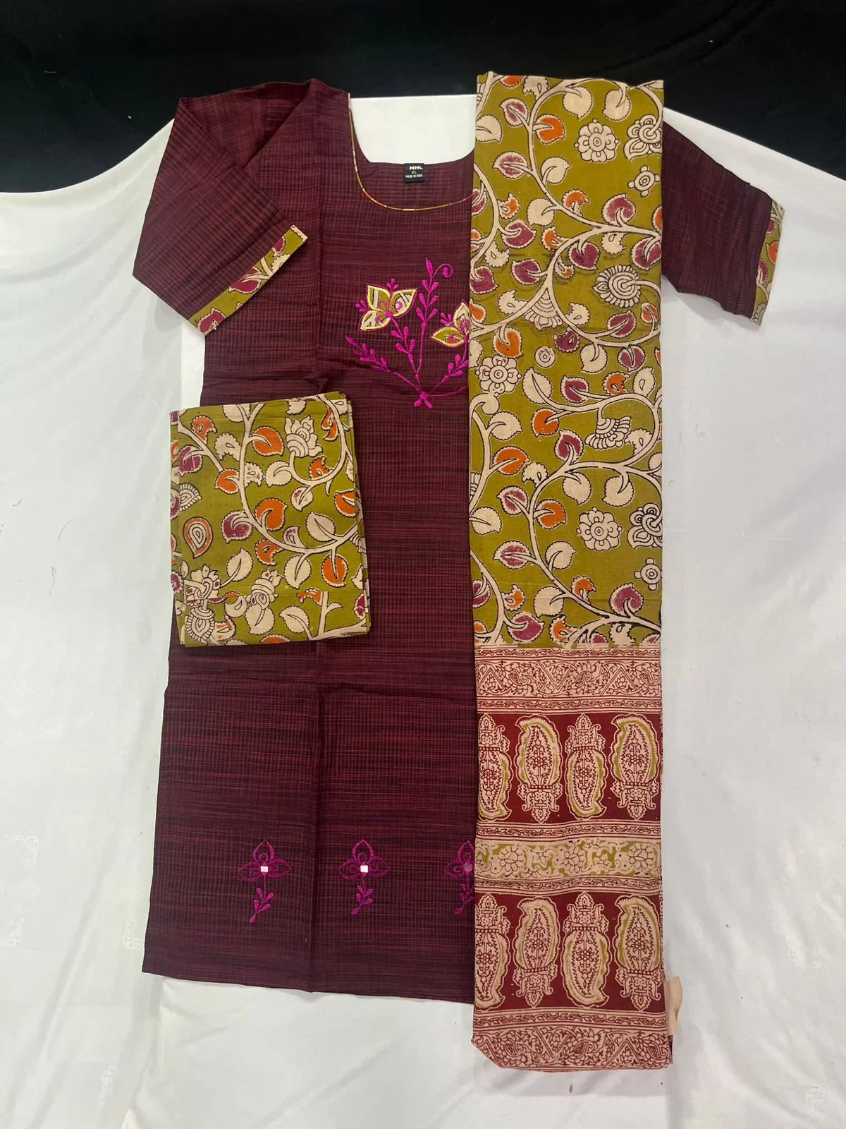 Kalamkari 3pc Set with Embroidery & Mirror Work Maroon & Black