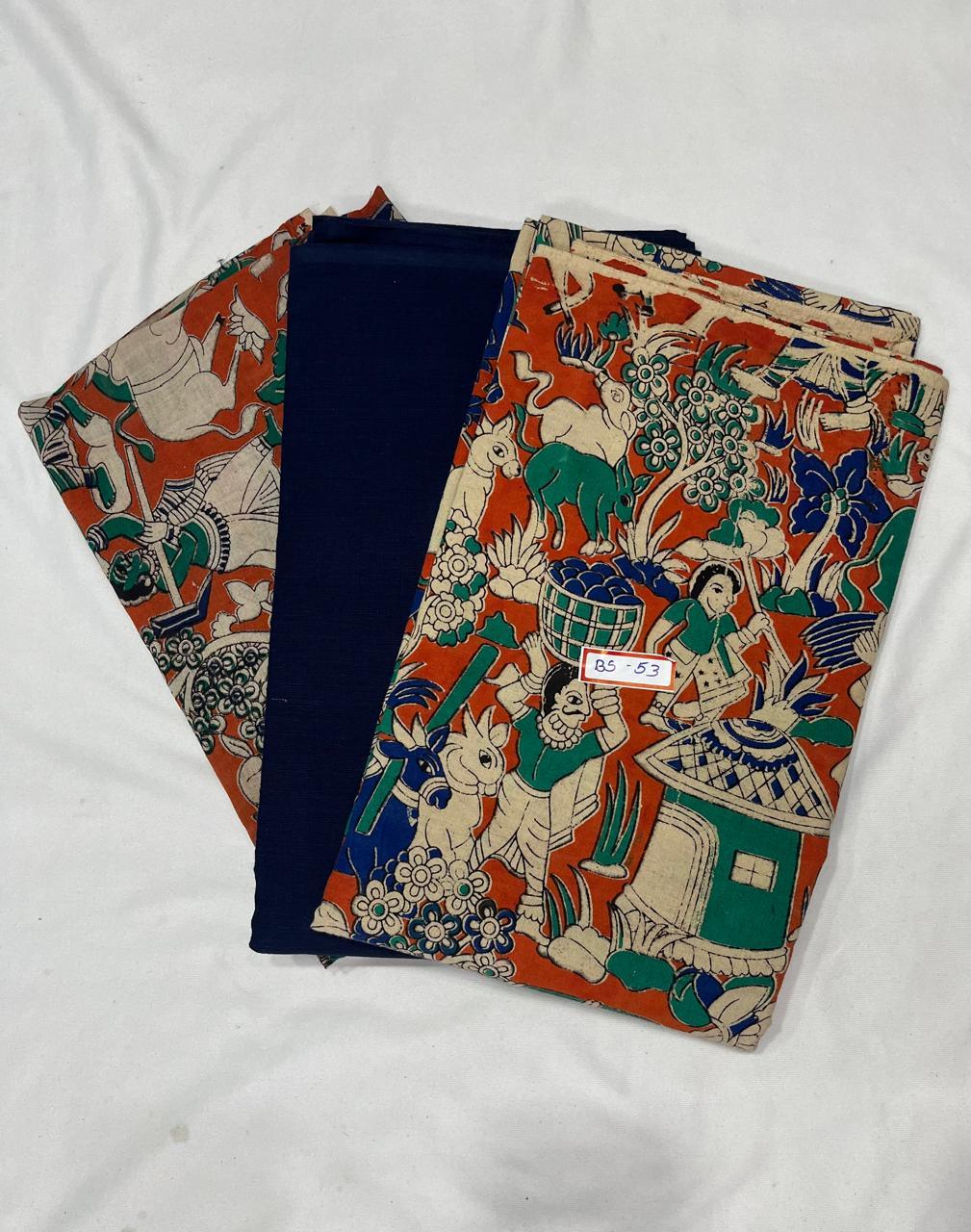 Kalamkari Dress Material – Plain Blue Top & Bottom with Kalamkari Dupatta