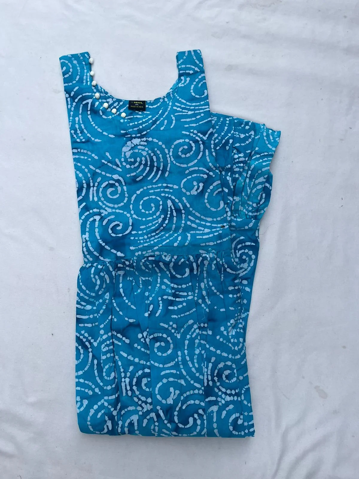 Handmade Batik Frock with Natural Dye – Potli Ball Neck Design Blue Colour with Half Lining