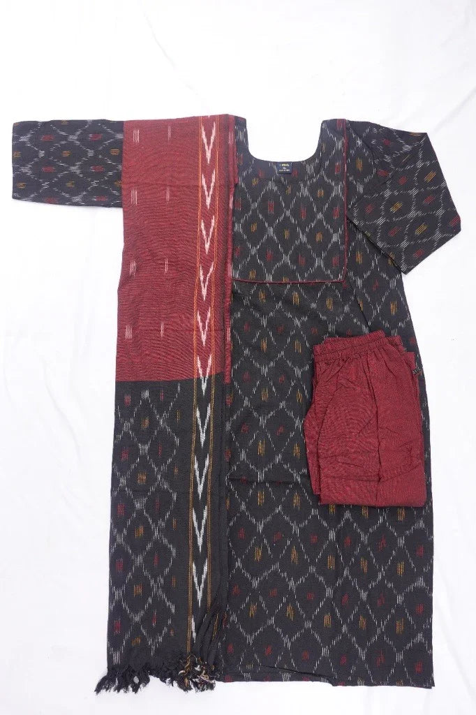 Premium Ikkat 3 Piece Stitched Set – Ready to Wear Kurta, Bottom & Dupatta – Black Colour Handloom Ethnic Wear