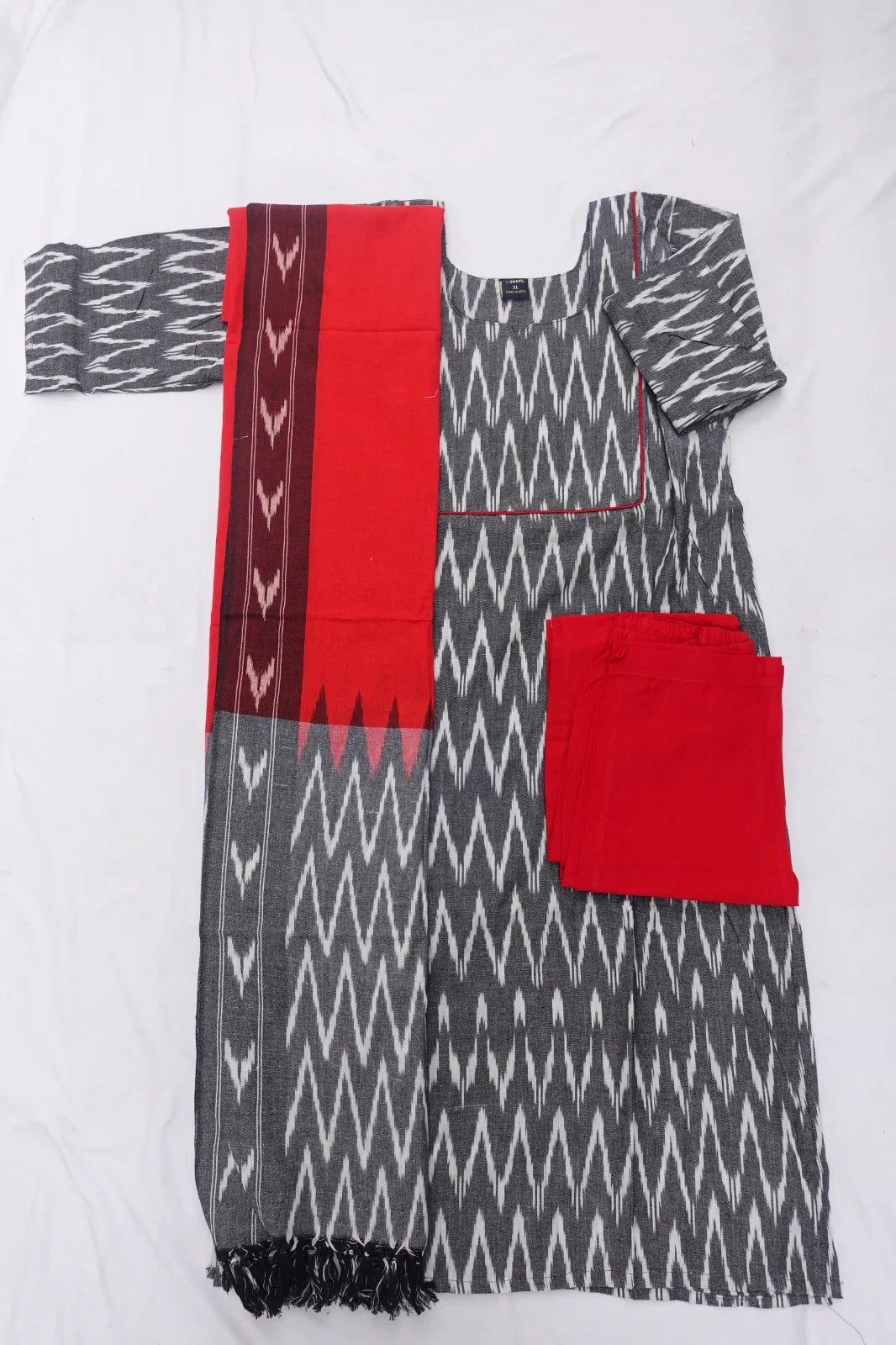Premium Ikkat 3 Piece Stitched Set – Ready to Wear Kurta, Bottom & Dupatta –Light Gray Colour Handloom Ethnic Wear
