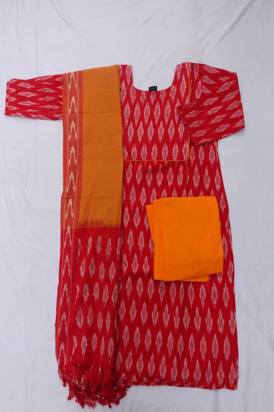 Premium Ikkat 3 Piece Stitched Set – Ready to Wear Kurta, Bottom & Dupatta – Red Colour Handloom Ethnic Wear
