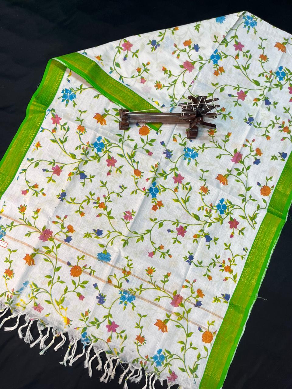 Mangalagiri Kalmkari Dupatts Cotton Fabric Green Colour