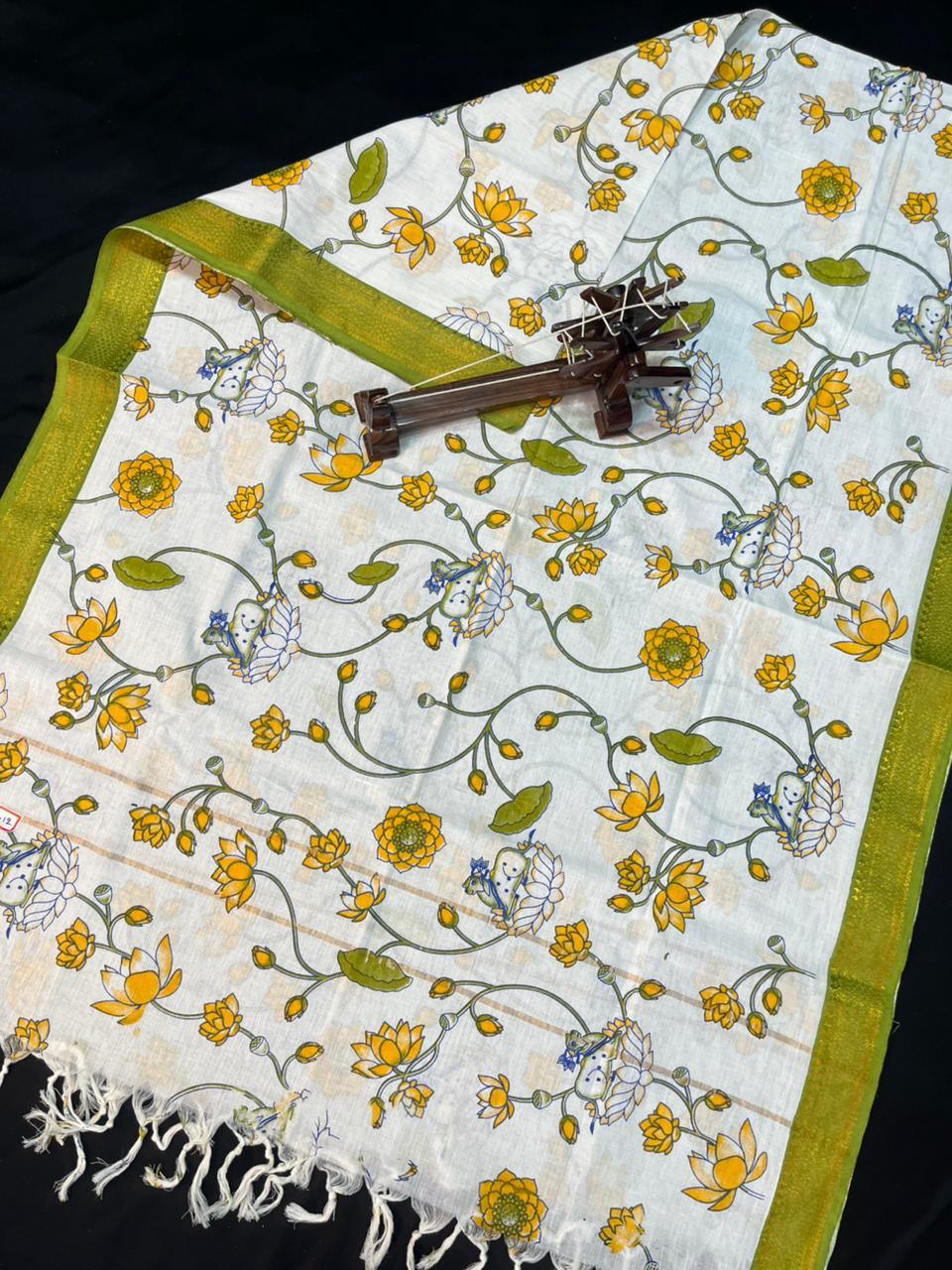 Mangalagiri Kalmkari Dupatts Cotton Fabric Pesara Green Colour
