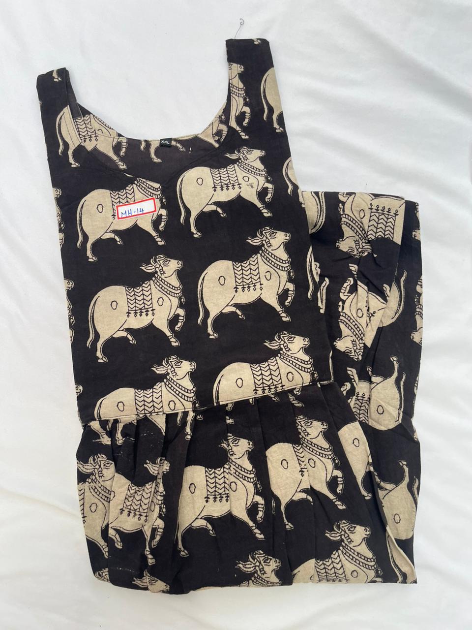 Kalamkari Pichwai Cow Design Frock – Black Colour | Handloom Ethnic Wear with Half Lining