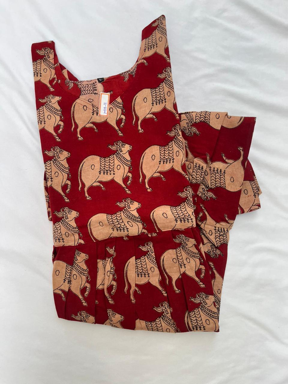 Kalamkari Pichwai Cow Design Frock – Red Colour | Handloom Ethnic Wear with Half Lining