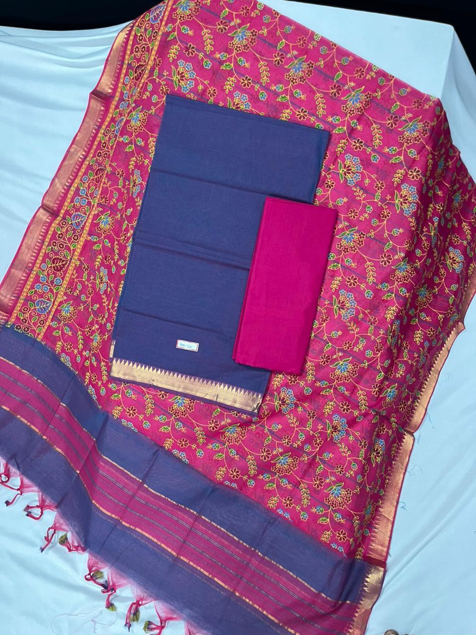 Mangalagiri Cotton Dress Material with Pink Chunni with Blue Colour