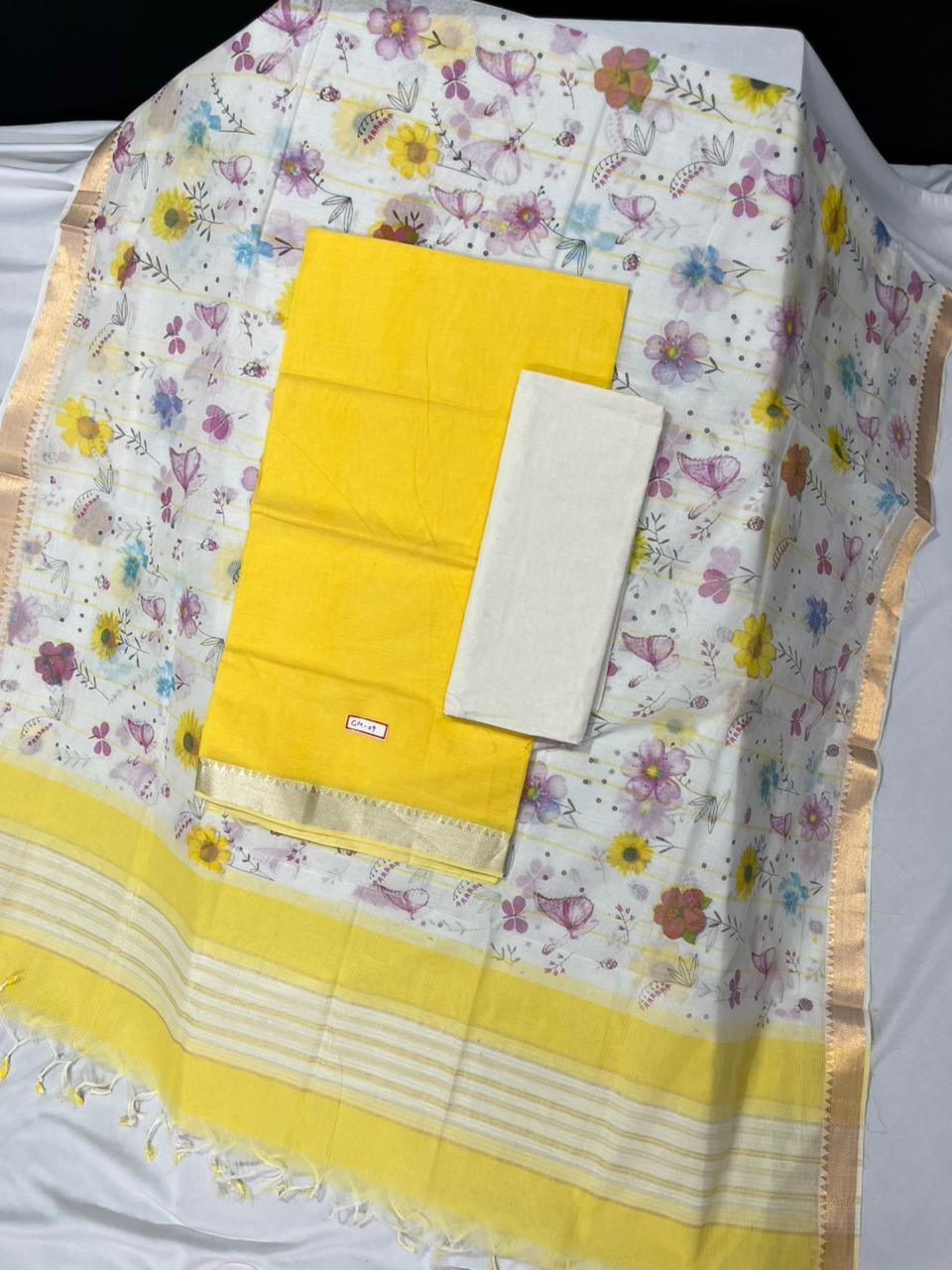 Mangalagiri Cotton Dress Material with White Chunni Yellow Colour