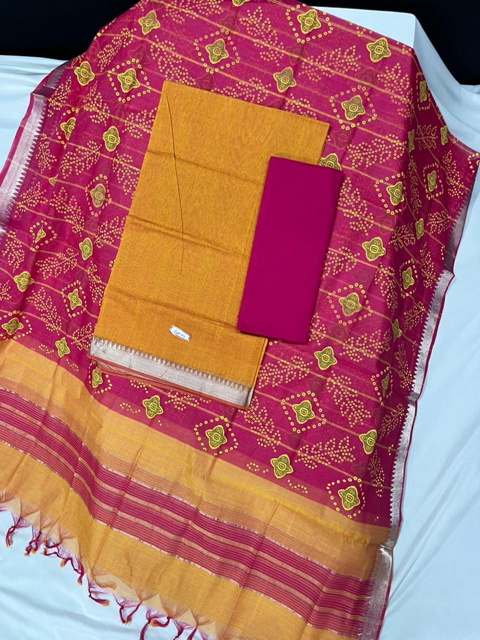 Mangalagiri Cotton Dress Material with Red Chunni with Bronze Colour
