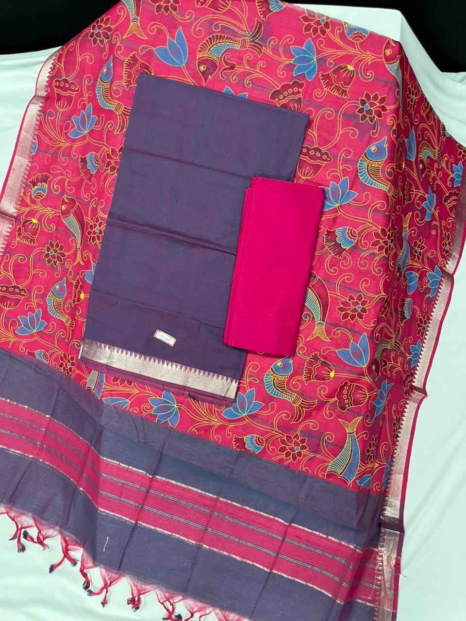 Mangalagiri Cotton Dress Material with Pink Chunni with Purple Colour