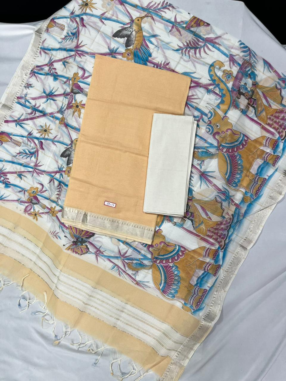 Mangalagiri Cotton Dress Material with White Chunni with Peach Colour
