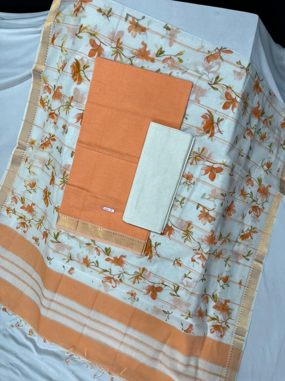 Mangalagiri Cotton Dress Material with White Chunni with Orange Colour